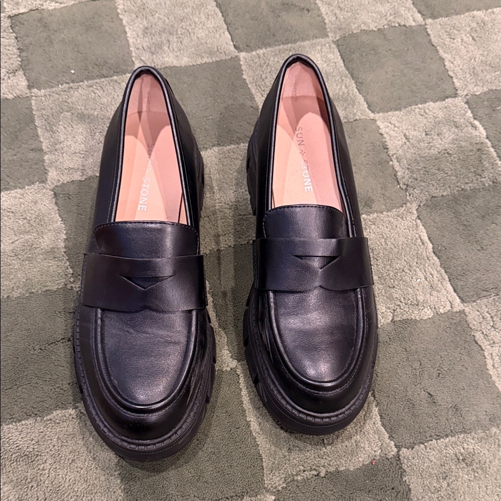 Sun + Stone Black Leather Penny Loafers